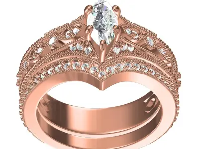 Marquise Cut Diamond Art Deco Ring with Band 3D print model