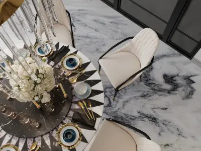 Furniture set dining room with marble floor and chandelier 3D model
