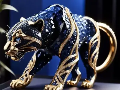 Luxury Panther Sculpture 3D Model Blue Gem Body Gold Accents Low-poly 3D model