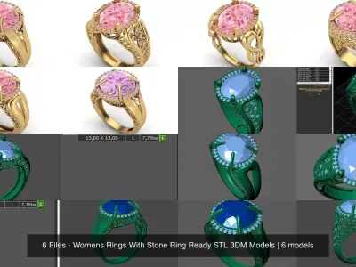 6 Files - Womens Rings With Stone Ring Ready STL 3DM Models 3D Model Pack