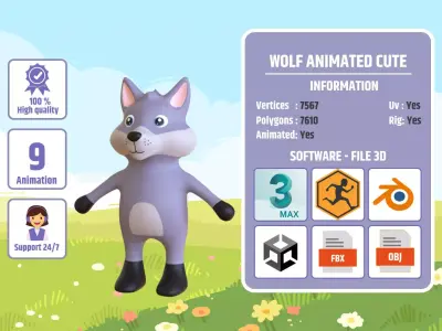 High-Quality 3D Cute Wolf - Animated for Games  Low-poly 3D model