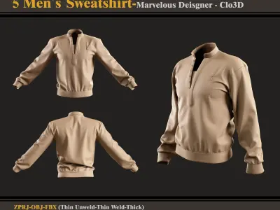 5 Men Sweatshirt -MD-Clo3D -ZPRJ - FBX - OBJ  3D model