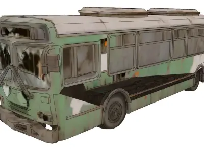 Derelict transit bus amid debris 3D model