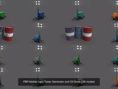 PBR Mobile Light Tower Generator and Oil Drum 3D Model Pack