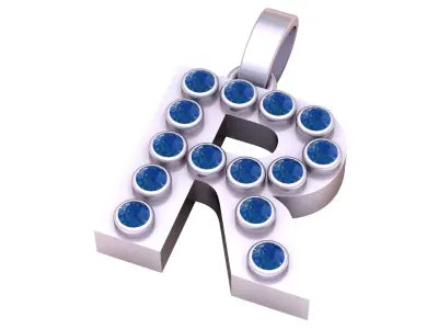 R Initial Gold Pendant  Ruby Stone Alphabet Necklace  3D print model