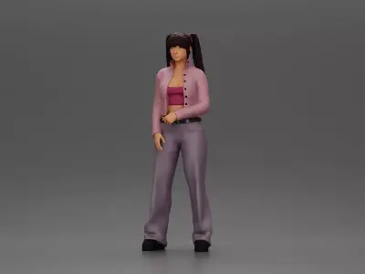 Chola girl with pigtails standing in jacket and flared pants 3D print model