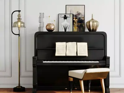 Furniture set piano with gold accents and lamp 3D model