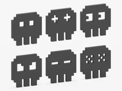 Pixelated 8 Bit Skull Icons Set Low-poly 3D model