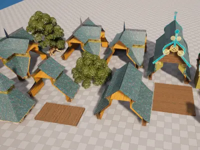 Modular wooden town Low-poly 3D model