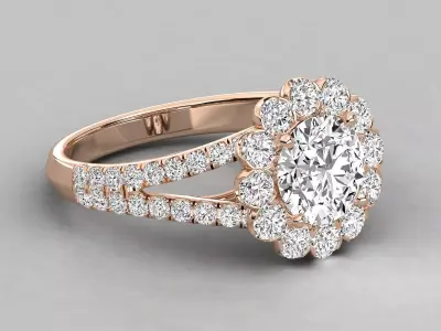 Luxury Halo Diamond Engagement Ring CAD Design with Split Shank 3D print model