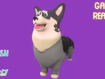 Animated Stylized Striped Grey Welsh Corgy  Low-poly 3D model