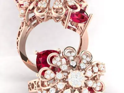 Ruby and Diamond Floral Filigree Ring 3D print model