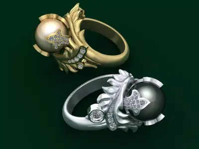 Ring with diamonds and pearl 3D print model