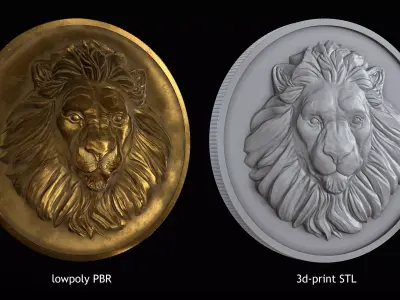 Lion Coin lowpoly PBR and Hipoly asset Low-poly 3D model