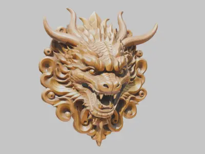 carved wooden dragon head bust Low-poly 3D model