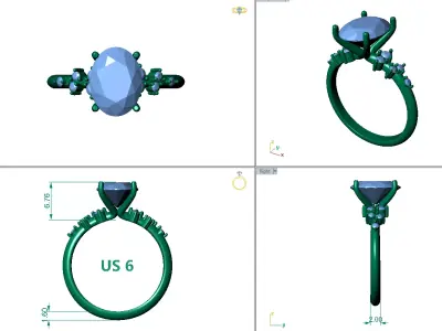 Oval Engagement Ring with Asymmetric Cluster Accents 3D print model