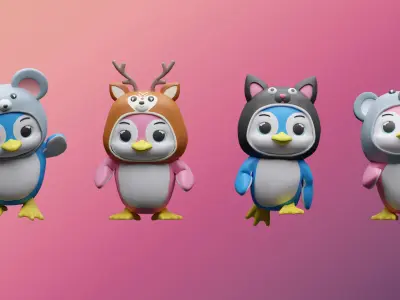 Cartoon penguins in animal costumes Low-poly 3D model