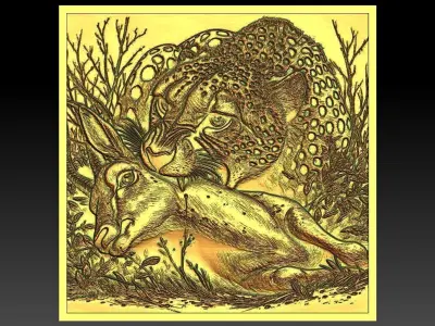 1 leopard hunting deer CNC Relief 3D print model