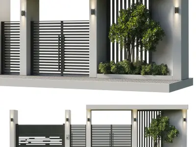 Door Outdoor entrance and fence and graden 07 Low-poly 3D model