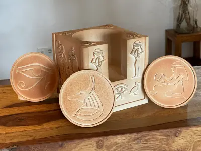 Coaster storage with Ancient Egyptian motifs and 4 coasters  3D print model