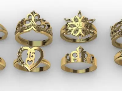 Lady Crown ring collection 8 units anillos de 15  coronas 3D print model