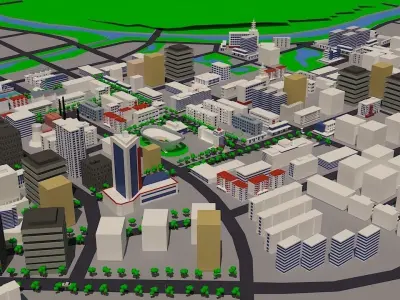 Low Poly City with trees and buildings Low-poly 3D model