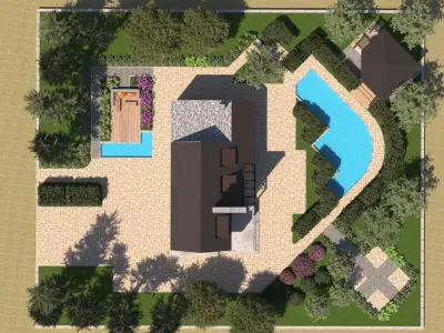 Modern Stone and Wood Luxury Villa with Pool full 3d scene Low-poly 3D model