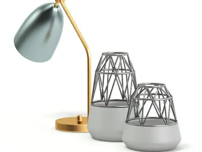 Golden Lamp and Decoration Vases 3D model