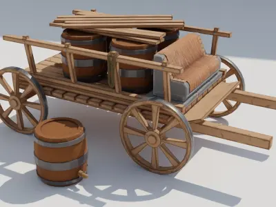 Medieval cart with barrels Low-poly 3D model