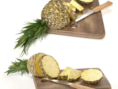 Pineapple on the Cutting Board with Knife 3D model