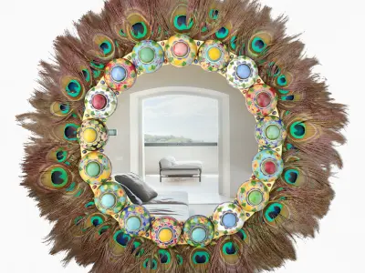 Maximalist Gemmed Cloisonne Wreath Mirror With Peacock 3D model