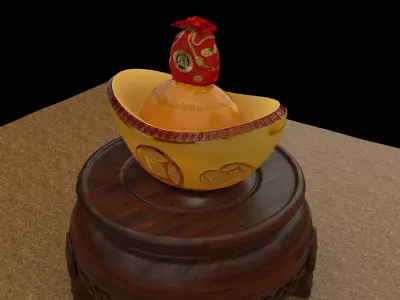 Chinese gold ingot piggy bank with money bag  3D model