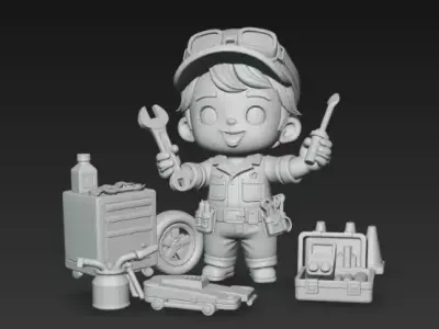 Cute Chibi Garage Mechanic Kid with Tools - 3D Character Low-poly 3D model