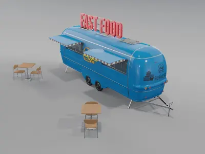 Blue Fast Food Trailer  Low-poly 3D model