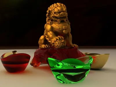 Chinese gold ingot with lion status 3D model