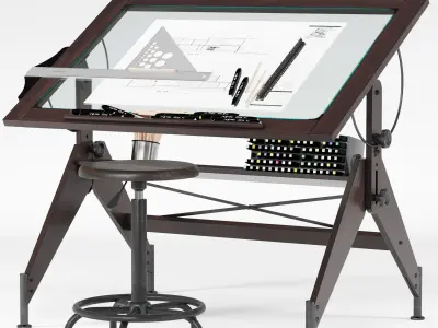 Aries Wood and Glass Drawing Table Retro Drafting Stool 3D model
