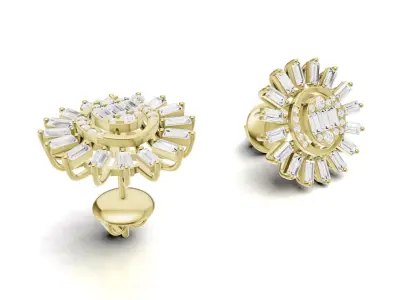 Sunburst Baguette Diamond Stud Earrings 3D print model