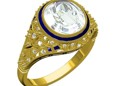 Unique Cushion Diamond Art Deco Ring 3D print model