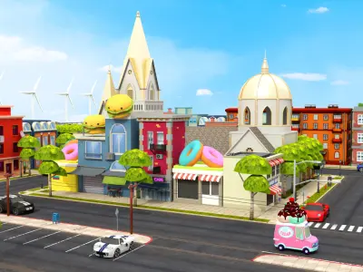 Cartoon City Street Scene 3D LowPoly Low-poly 3D model