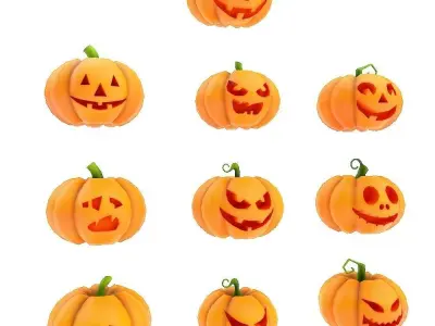 Carved pumpkin heads low poly 3d models set 4 Low-poly 3D model