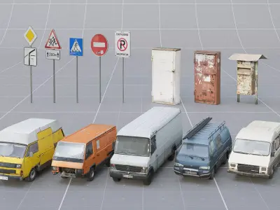 SKLAD - Roadside Vehicles Kit - Trucks Cars Signs Low-poly 3D model
