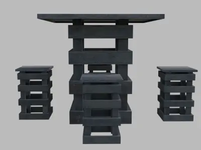 Table and chairs - Recycled wood Low-poly 3D model