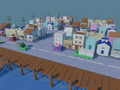 Neighborhood city with boats on dock 3D model