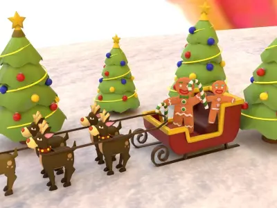 Christmas sleigh With Deers And decoration Low-poly 3D model