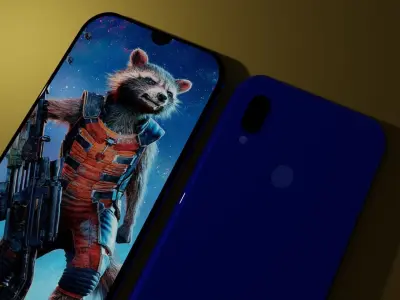 Redmi 7 phone with raccoon Low-poly 3D model