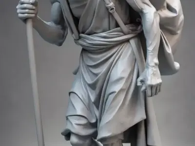 Wise Pilgrim Bronze Sculpture of an Elder with Staff and Satchel Low-poly 3D model