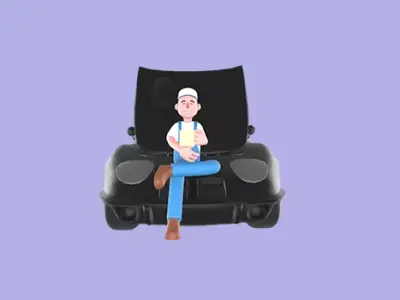 Stylized 3D Mechanic Sitting on Car Bumper - Cartoon  3D model