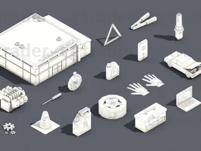 Low Poly Car Service Engine Repair Isometric Low-poly 3D model