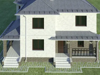 Cottage house on grassy field Low-poly 3D model