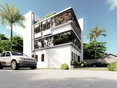 Exterior modern house with car parked Low-poly 3D model